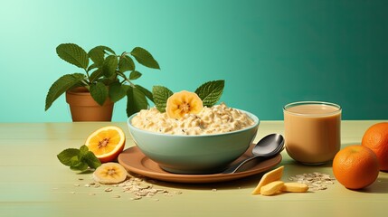  a bowl of oatmeal with bananas and oranges.  generative ai