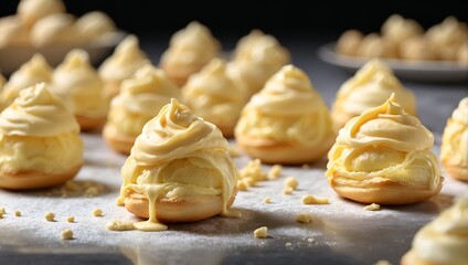 A batch of delectable homemade pastry cream puffs, expertly crafted and exquisitely presented.