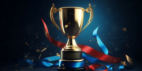 Shining Gold Trophy with Red Ribbon on Dark Background, Isolated Copy Space