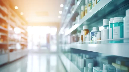 Tuinposter Blurred background of a pharmacy store. Pharmacist and medicine concept. © Irina Sharnina