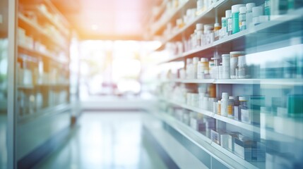 Blurred background of a pharmacy store. Pharmacist and medicine concept.