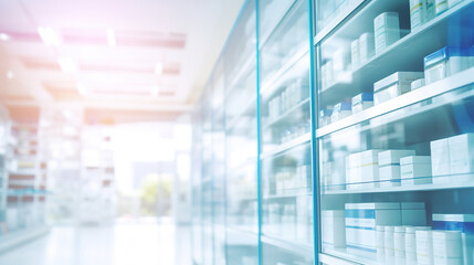 Fototapeta premium Blurred background of a pharmacy store. Pharmacist and medicine concept.