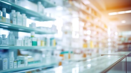 Fototapeta premium Blurred background of a pharmacy store. Pharmacist and medicine concept.