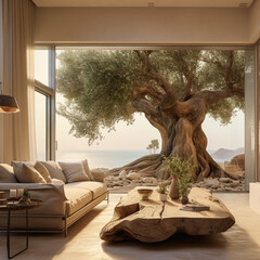Wooden interior design, Scandinavian living room, aesthetic, olive tree