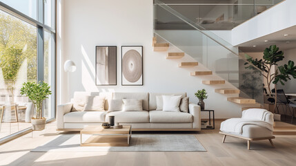 Modern interior of a bright studio apartment with a sofa and stairs to the second level - obrazy, fototapety, plakaty