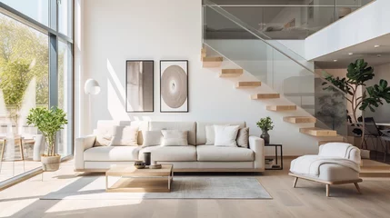 Foto op Plexiglas Modern interior of a bright studio apartment with a sofa and stairs to the second level © Irina Sharnina