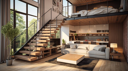 Modern interior of a bright studio apartment with a sofa and stairs to the second level