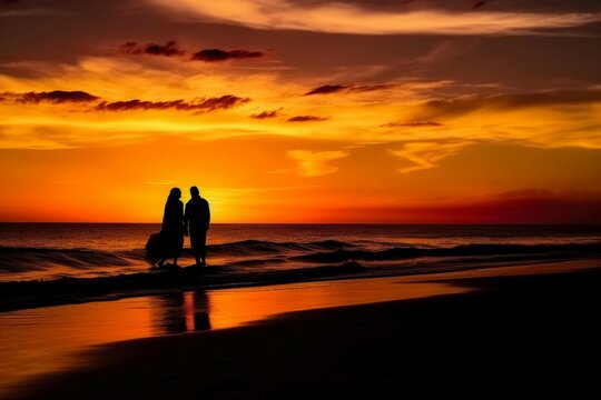 Silhouette of couple at the sunset beach. Romantic couple walking on the seashore sand. Generate ai