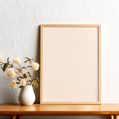 3D rendering of frame template for poster with thin wooden frame mockup standing on the table