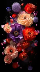  Abstract floral explosion of poppies and dahlias in a burst of reds, oranges, and purples on a pitch-black backdrop. Vertical orientation.  © Dannchez