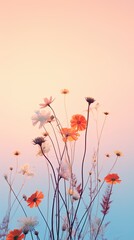 The silhouettes of wildflowers on a gradient of sunrise colors. Glamorous background with blank space for text. Vertical oriented. 