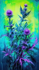 Spray-painting art of wild thistles and bluebells on a neon green canvas, the street art with nature. Vertical orientation.