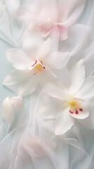 Fototapeta na wymiar Translucent petals of orchids and magnolias on a sheer fabric surface in shades of white, pale pink, and soft green. Wedding, jewel, gem, celebration, glamorous fashion event. Vertical orientation.