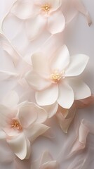 Fototapeta na wymiar Translucent petals of orchids and magnolias on a sheer fabric surface in shades of white, pale pink, and soft green. Wedding, jewel, gem, celebration, glamorous fashion event. Vertical orientation.