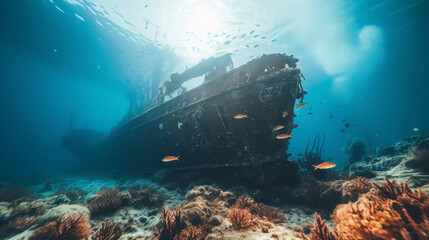 Shipwreck on the ocean floor. Underwater scenery. Tropical coral reefs.