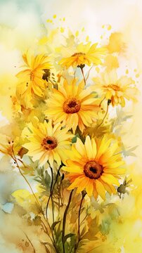 Watercolor impressions of sunflowers and marigolds on a rough textured paper. Aquarelle gallery art. Vertical orientation. 