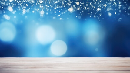 Naklejka na ściany i meble Beautiful winter snowy blurred defocused blue background and empty wooden flooring.AI Generative