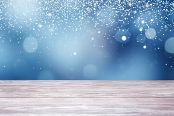 Beautiful winter snowy blurred defocused blue background and empty wooden flooring.AI Generative