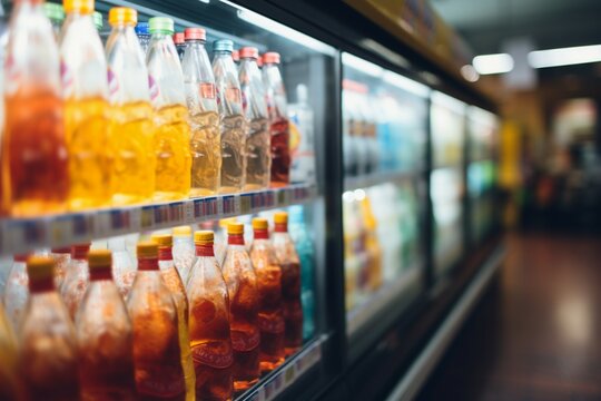 Supermarket coolers displaying soft drink bottles, forming a blurred abstract background