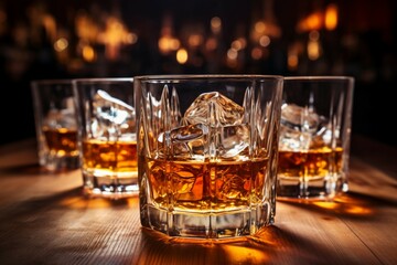 Whiskey glass on a bar table, containing brown liquor and ice - obrazy, fototapety, plakaty