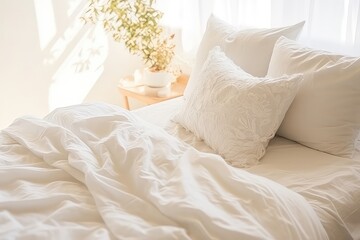 Fototapeta na wymiar Bedroom With White Bedding And Lace Accents In Natural Light