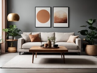 Square wooden coffee table near white sofa with cushions in living room with gray wall with art poster with plants. Modern Living Room Elegant Minimalist Home Interior Design, generative IA