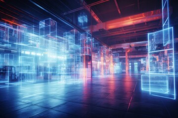 Modern neon cyberpunk open space warehouse interior blurred with information technology overlay. Corporate strategy for logistics, operations, commerce, marketing. Industry 4.0