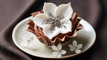  a cupcake decorated with white flowers on a white plate.  generative ai