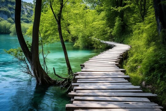 Scenic trail through Plitvice Lakes National Park showcasing wooden paths, lakes, waterfalls, and breathtaking landscapes. Generative AI © Solana