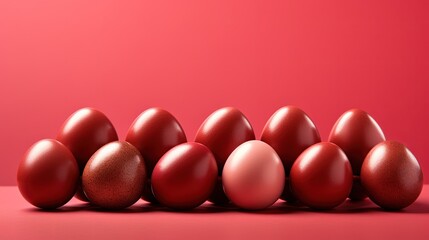  a row of red eggs on a pink surface with a red background.  generative ai