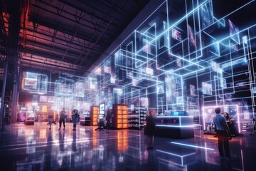Modern neon cyberpunk open space warehouse interior blurred with information technology overlay. Corporate strategy for logistics, operations, commerce, marketing. Industry 4.0