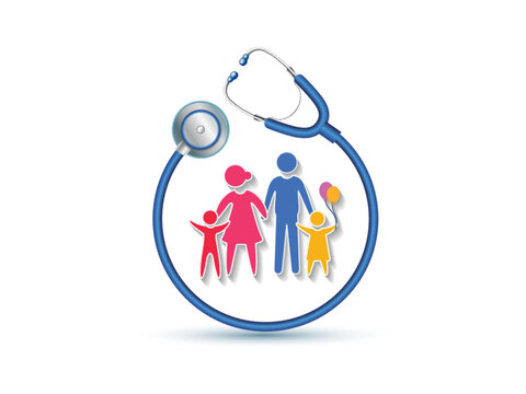 Concept of Family Health care clinic hospital. Happy Family with doctor stethoscope.
