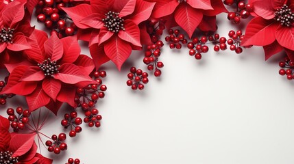  red poinsettis and berries on a white background.  generative ai