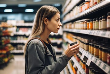 Woman customer looking at shelf in market. Female client grocery shopping supermarket. Generate ai