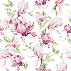 Watercolor seamless pattern with  pink magnolia flowers and leaves.