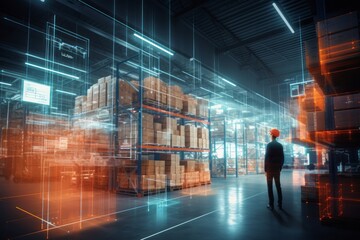 Modern neon cyberpunk open space warehouse interior blurred with information technology overlay. Corporate strategy for logistics, operations, commerce, marketing. Industry 4.0