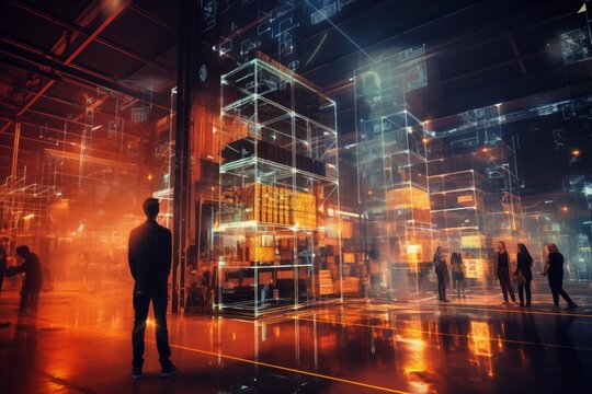 Modern neon cyberpunk open space warehouse interior blurred with information technology overlay. Corporate strategy for logistics, operations, commerce, marketing. Industry 4.0 - Powered by Adobe