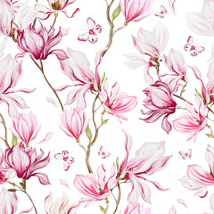 Watercolor seamless pattern with  pink magnolia flowers and leaves.