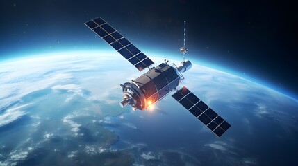 Obraz premium illustration with an artificial satellite in orbit around the earth