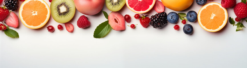 Fresh fruits and berries on white background. Healthy food concept. Top view.