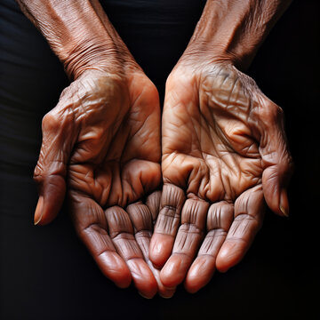 Hands of an old black woman on a black background
