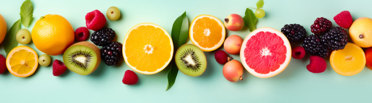 Variety of fresh fruits and berries on pastel blue background.
