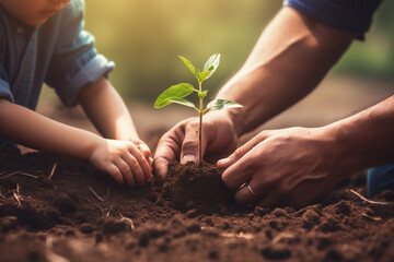 Father and son hands growing young plant on soil. - obrazy, fototapety, plakaty