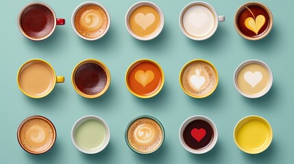  a collection of different types of coffee cups with hearts on them.  generative ai