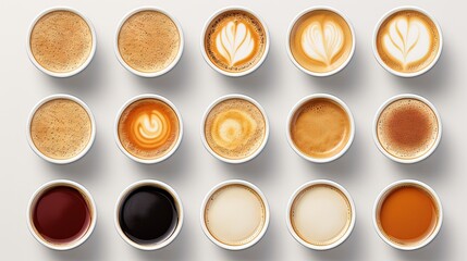  a group of cups of different types of coffees on a table.  generative ai