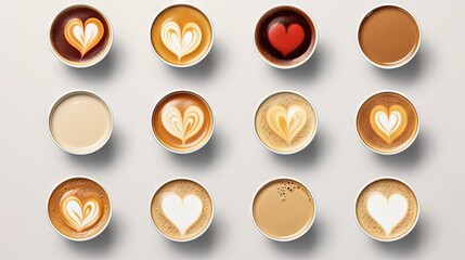  a group of coffee cups with different types of hearts on them.  generative ai