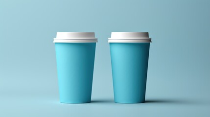  two blue coffee cups with white lids on a blue background.  generative ai