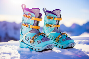 Colorful woman sport shoes of ski on snow.