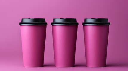  three pink coffee cups with black lids on a pink background.  generative ai