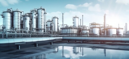 Obraz premium Industrial skyline with oil refineries in an urban city, pollution, smokestacks, steel structures, copy space